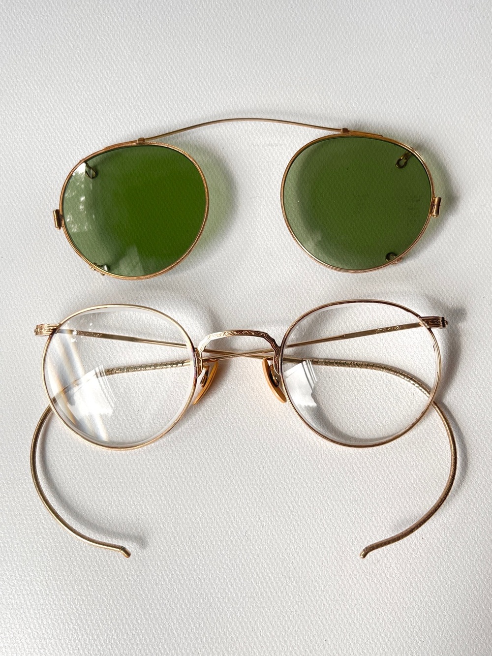 Antique P3 12k Gold Filled Eyeglasses Wire Eyeglasses Green Sunglass Clip Ons